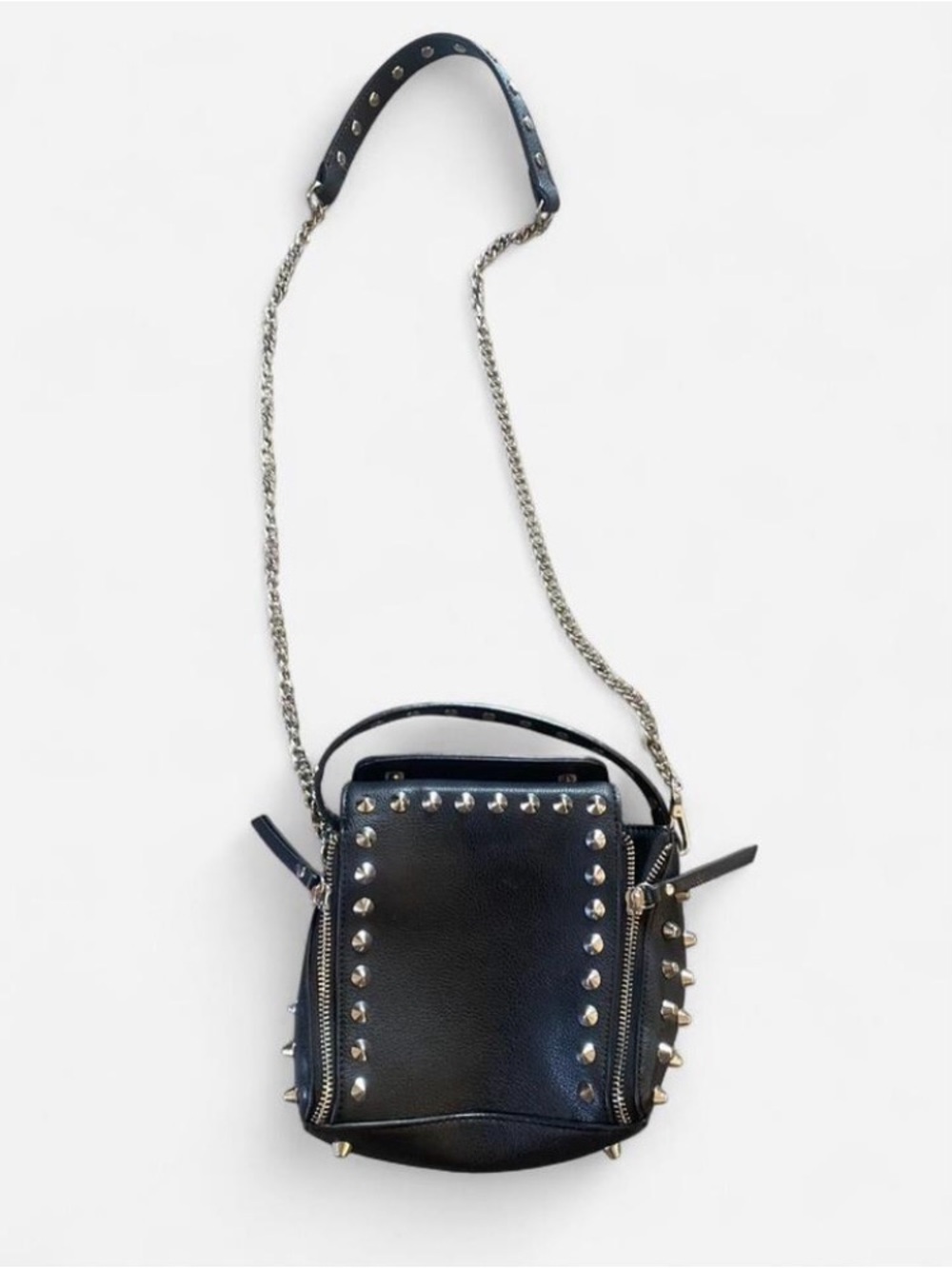 Gothic Black & Silver Studded Faux Leather Handbag with Crossbody Chain
